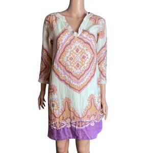 J. Crew Linen Mini Dress Sz 2 VTG Paisley Medallion Retro Hippie Boho Bohemian